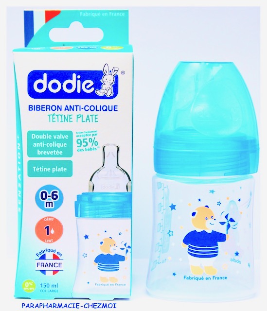 Dodie Biberon Sensation+ 150ml Tétine Débit 1, 0-6 mois, Bleu